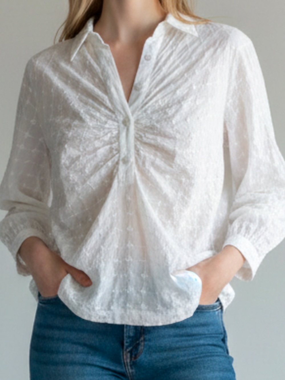White Textured Gathered-Front Women's Blouse